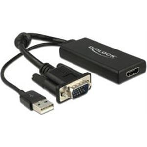 Adapter DELOCK, VGA (M) na HDMI (Ž), USB (M) prijenos zvuka + izvor napajanja, crni