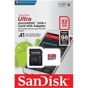 Memorijska kartica SanDisk 32GB Ultra Android microSDHC + SD Adapter + Memory Zone App 98MB/s A1 Class 10 UHS-I, SDSQUAR-032G-GN6MA