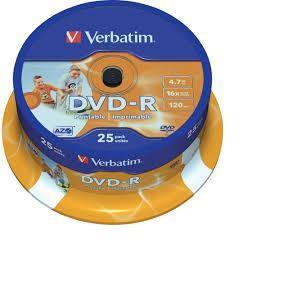 DVD-R Printable Verbatim, Kapacitet 4.7GB, 25 komada, Brzina 16× wide photo printable