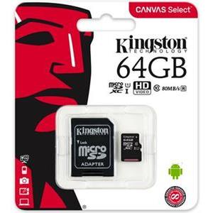 Memorijska kartica Kingston 64GB microSDXC Canvas Select Class 10 UHS-I 80MB/s Read Card + SD Adapter