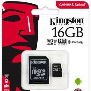 Memorijska kartica Kingston 16GB microSDXC Canvas Select Class 10 UHS-I 80MB/s Read Card + SD Adapter