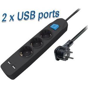 Transmedia NV56-5 3-way power strip with two USB charging ports, 5m black