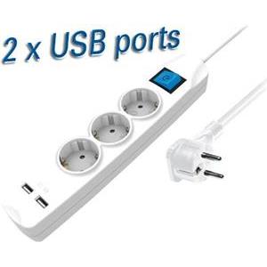 Transmedia NV56-1,5W 3-way power strip with two USB charging ports, 1,5m white