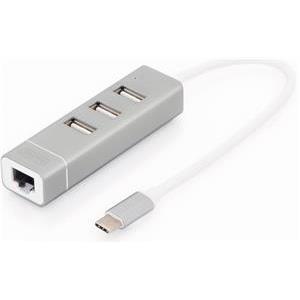 USB 2.0 HUB Digitus 3-port, mrež.kart., USB-C pri.