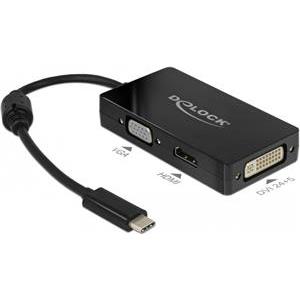 Razdjelnik DELOCK, USB-C (M) na HDMI (Ž), VGA (Ž) i DVI (Ž), crni
