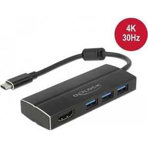 Adapter DELOCK, USB-C (M) > 3x USB 3.0-A (Ž), HDMI (Ž), 4K, crni