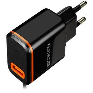 Canyon CNE-CHA042BO Universal 1xUSB AC charger (in wall) with over-voltage protection, plus Type C USB connector, Input 100V-240V, Output 5V-2.1A, with Smart IC, black (orange stripe)?, cable length 1