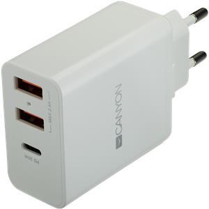 Canyon CNE-CHA08W Universal 3xUSB AC charger (in wall) with over-voltage protection(1 USB-C with PD Quick Charger), Input 100V-240V, OutputUSB-A/5V-2.4A+USB-C/PD30W, with Smart IC, White Glossy Color+
