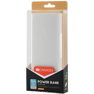 CANYON Power bank 20000mAh built-in 18650 Lithium-ion battery, max output 5V2.4A, input 5V2A, White, Micro USB cable length 0.25m, 161*81*22mm.0.474Kg