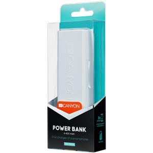 CANYON Power bank 4400mAh Li-ion battery, with Smart IC, Input 5V/2A, Outpput 5V/2A, cable length 0.24m, 43*22*96mm, 0.12kg, White