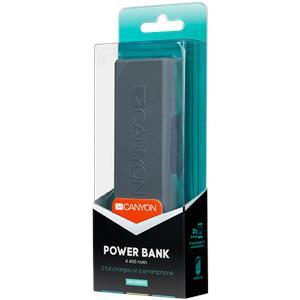 CANYON Power bank 4400mAh Li-ion battery, with Smart IC, Input 5V/2A, Outpput 5V/2A, cable length 0.24m, 43*22*96mm, 0.12kg, Dark Gray