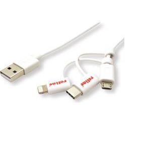 Roline USB2.0 kabel za punjenje i prijenos podataka, 8pin + MicroB + Type-C, 1.0m, bijeli