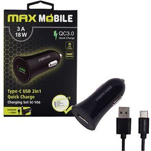 MAXMOBILE AUTO ADAPTER USB SC-106 QC 3.0,18W QUICK CHARGE 3A + TYPE C crni