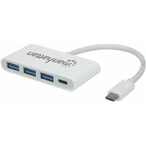 USB HUB MANHATTAN, USB-C, 3-portni USB, USB-C PD, bijeli