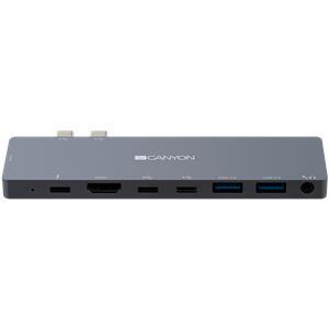 CANYON DS-8 Multiport Docking Station with 8 port, 1*Type C PD100W+2*Type C data+2*HDMI+2*USB3.0+1*Audio. Input 100-240V, Output USB-C PD100W&USB-A 5V/1A, Aluminium alloy, Space gray, 135*48*10mm, 0.0