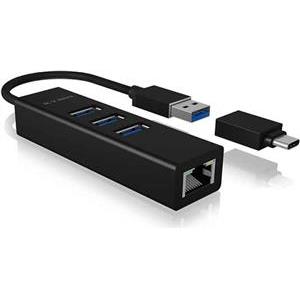 HUB 3Port ICY BOX 1xUSB-C Adapter 1xGigabit LAN Ethernet passiv Black