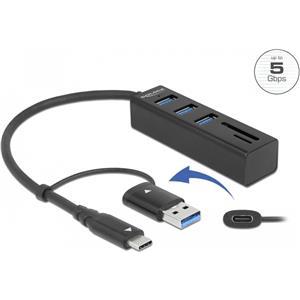 USB HUB DELOCK USB3.2/USB-C, 3-potrni USB 3.2, Micro/SD čitač kartica, crni