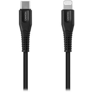 CANYON MFI-4 Type C Cable To MFI Lightning for Apple, PVC Mouling,Function:with full feature( data transmission and PD charging) Output:5V/2.4A , OD:3.5mm, cable length 1.2m, 0.026kg,Color:Black