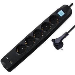 Transmedia 5-way power strip with 2x USB, black, 5m