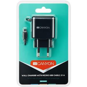 CANYON H-041 Universal 1xUSB AC charger (in wall) with over-voltage protection, plus Micro USB connector, Input 100V-240V, Output 5V-2.1A, with Smart IC, black (silver stripe), cable length 1m, 81*47.