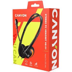 CANYON HS-01 PC headset with microphone, volume control and adjustable headband, cable length 1.8m, Black/Orange, 163*128*50mm, 0.069kg