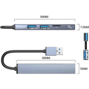 USB hub 4-port, 1x USB 3.0, 2x USB 2.0, TF+microSD, 0.15m, Aluminium, ORICO AH-A12F