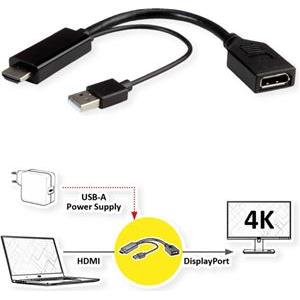 Roline adapter/kabel HDMI - DisplayPort, M/F, v1.2, aktivni, 4K60, 0.15m
