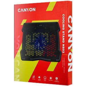 CANYON NS02, Cooling stand single fan with 2x2.0 USB hub, support up to 10”-15.6” laptop, ABS plastic and iron, Fans dimension:125*125*15mm(1pc), DC 5V, fan speed: 800-1000RPM, size:340*265*30mm, 406g