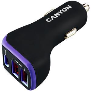 CANYON C-08, Universal 3xUSB car adapter, Input 12V-24V, Output DC USB-A 5V/2.4A(Max) + Type-C PD 18W, with Smart IC, Black+Purple with rubber coating, 71*39*26.2mm, 0.028kg