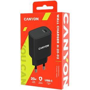 CANYON H-20, PD 20W Input: 100V-240V, Output: 1 port charge: USB-C:PD 20W (5V3A/9V2.22A/12V1.67A) , Eu plug, Over- Voltage , over-heated, over-current and short circuit protection Compliant with CE R