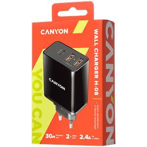 CANYON H-08, Universal 3xUSB AC charger (in wall) with over-voltage protection(1 USB-C with PD Quick Charger), Input 100V-240V, Output USB-A/5V-2.4A+USB-C/PD30W, with Smart IC, Black Glossy Color+oran