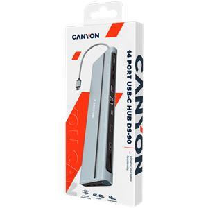 CANYON DS-90, 14 in 1 hub, with Type C female *2,Type C male *1:max 10Gbps,USBA*3:max 10Gbps,DP*1,VGA*1,SD card slot*1,TF card slot*1,Audio 3.5 audio*1,HDMI*2,RJ45*1,cable length 0.20m,Aluminum alloy 