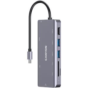 CANYON DS-11, 9 in 1 USB C hub, with 1*HDMI: 4K*30Hz,1*Gigabit Ethernet,, 1*Type-C PD charging port, Max 100W PD input. 2*USB3.0,transfer speed up to 5Gbps. 1*USB 2.0, 1*SD, 1*3.5mm audio jack, cable 