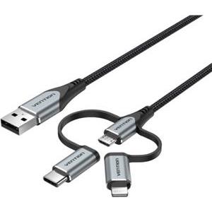 Vention USB 2.0 A Male to 3-in-1 Micro-B USB-C Lightning Male Cable 1,5m, Gray