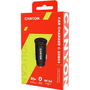 CANYON ?-20B03, PD 30W/QC3.0 18W Pocket size car charger with 1-USB A+ 1-USB-C Input: DC12V-24V, Output: USBC: PD30W( 5V3A/9V3A/12V2.5A/15V2A/20V1.5A),USB-A:QC3.0 18W (5V3A