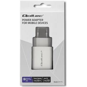 Qoltec 51714 Charger | 18W | 5-12V | 1.5-3A | USB type C PD | USB QC 3.0 | White