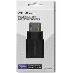 Qoltec 51713 Charger | 18W | 5-12V | 1.5-3A | USB type C PD | USB QC 3.0 | Black