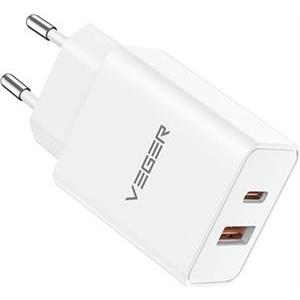 VEGER VLS302U 2-port charger, USB-A/USB-C, QC3.0/PD3.0, white.