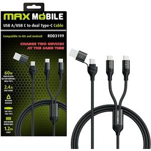 MAXMOBILE DATA KABEL USB/TYPE C - DUAL TYPE C RDD3199 BLACK 2.4A 60W 1.2m