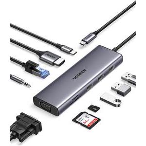 UGREEN 10-portni USB-C HUB 3×USB-A 3.0, 1xUSB- C PD, VGA, HDMI, 1xG-LAN, 1xSD, 1xTF, 3.5mm, sivi
