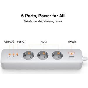 UGREEN CD286 naponska letva s prekidačem, 3x ŠUKO utičnica, Power Delivery USB-C, 2x USB-A, 2m, bijeli