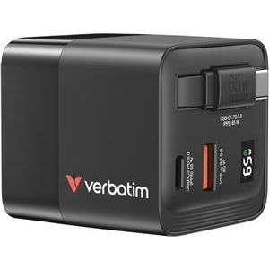 Verbatim GaN zidni punjač 65W, USB-C kabel na izvlačenje + 1×USB-A + 1×USB-C