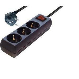 Transmedia NV 5 S, 3-way power strip with Switch, illuminated 1,4 m cord, black H05V V-F 3 x 1,5 mm2 sockets 45deg rotated with child protection