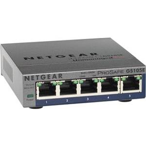 Switch NETGEAR GS105E, 5x 10/100/1000 Prosafe PLUS Switch (management via PC utility), VLAN, QOS, metal casing, External Power Adapter