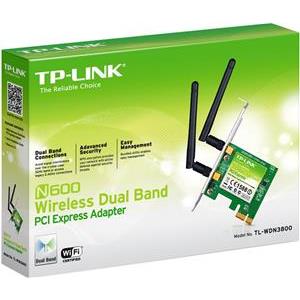 TP-Link TL-WDN3800, N600 Wireless Dual Band PCI Express Adapter, Dual Band support 802.11a b g n - 2.4GHz or 5GHz channels, Wireless speeds of up to 300Mbps