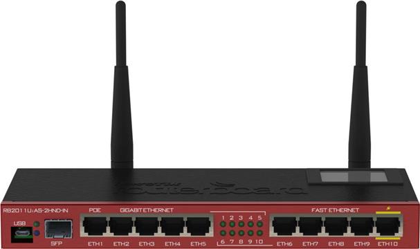 Mikrotik RB2011UiAS-2HnD-IN RouterBOARD, Atheros 74K MIPS CPU, 128MB RAM, 1×SFP ulaz, 5×LAN/G-LAN, 2.4Ghz 802.11b/g/n, RouterOS L5