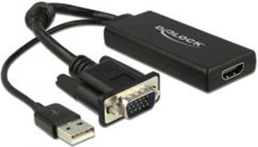 Adapter DELOCK, VGA (M) na HDMI (Ž), USB (M) prijenos zvuka + izvor napajanja, crni