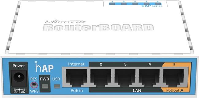 Mikrotik RB951Ui-2nD hAP, 650MHz CPU, 64MB RAM, 5×LAN, 2.4Ghz 802.11b/g/n, integrirana antena, USB, RouterOS L4, plastično kućište, PSU