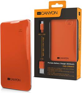 CANYON CNS-CPB40O Orange color portable battery charger with 4000mAh, micro USBinput 5V/1A and single USB output 5V/1A(max.)