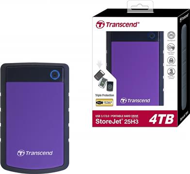 Transcend 4TB StoreJet H3P USB3.0, rubber casing, military-grade shock resistance with 3-stage shock protection, 3yrs, purple, Quick Reconnect Button, TS4TSJ25H3P